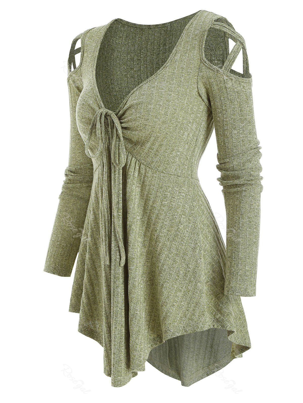 Trendy Cold Shoulder Front Drawstring Ribbed Long Sleeve Knitwear  