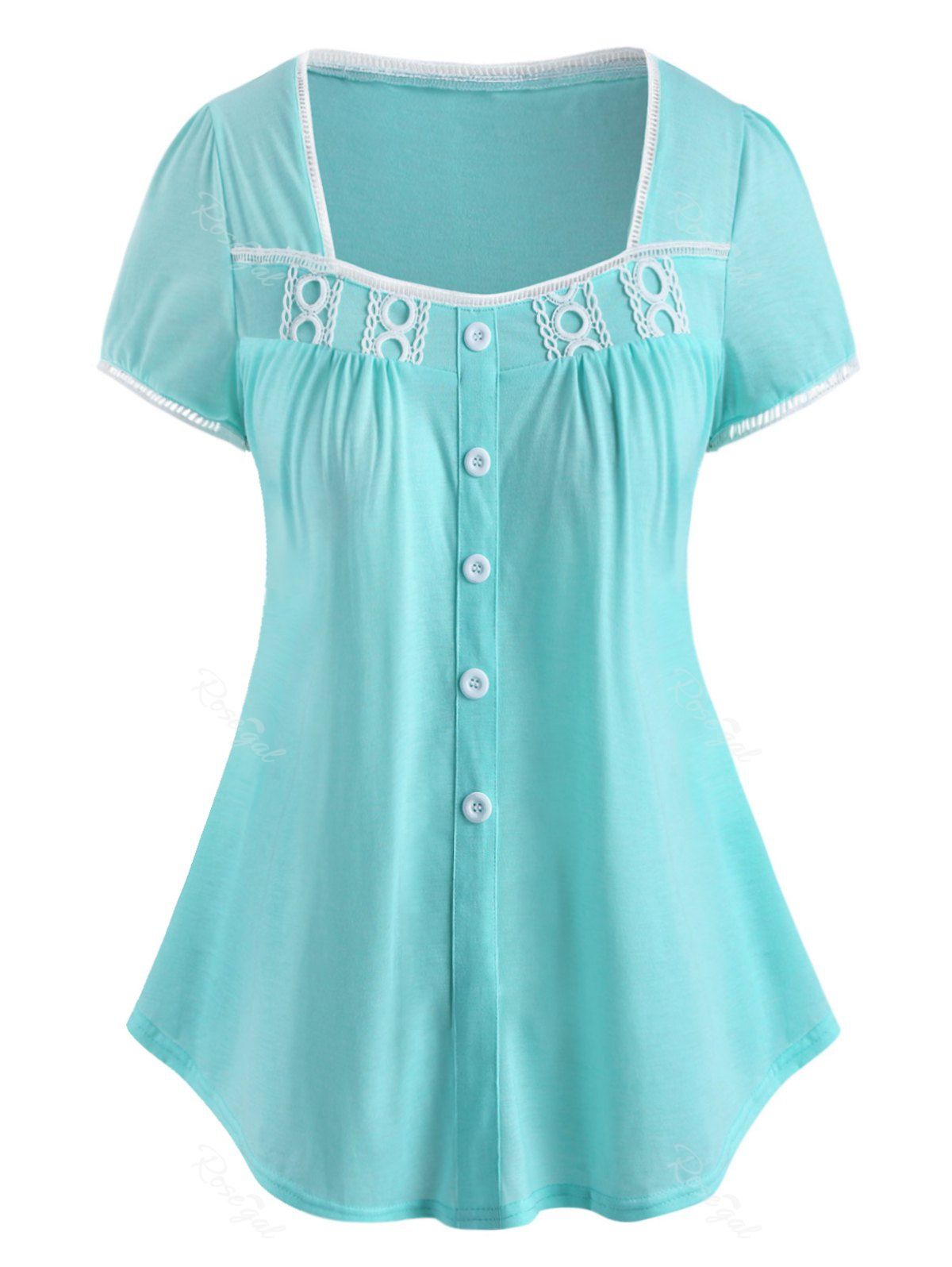 

Plus Size Square Neck Lace Trim Tee, Light blue