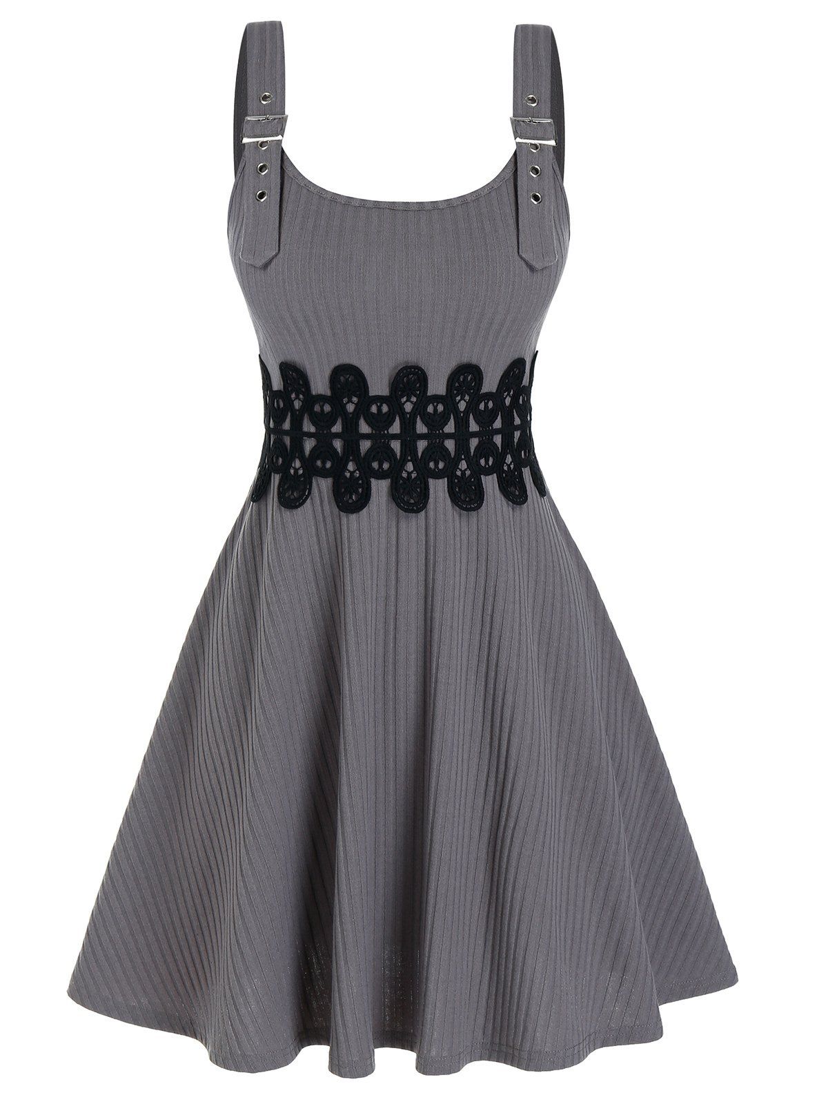 

Lace Panel Buckle Strap Knitted Mini Cami Dress, Light gray