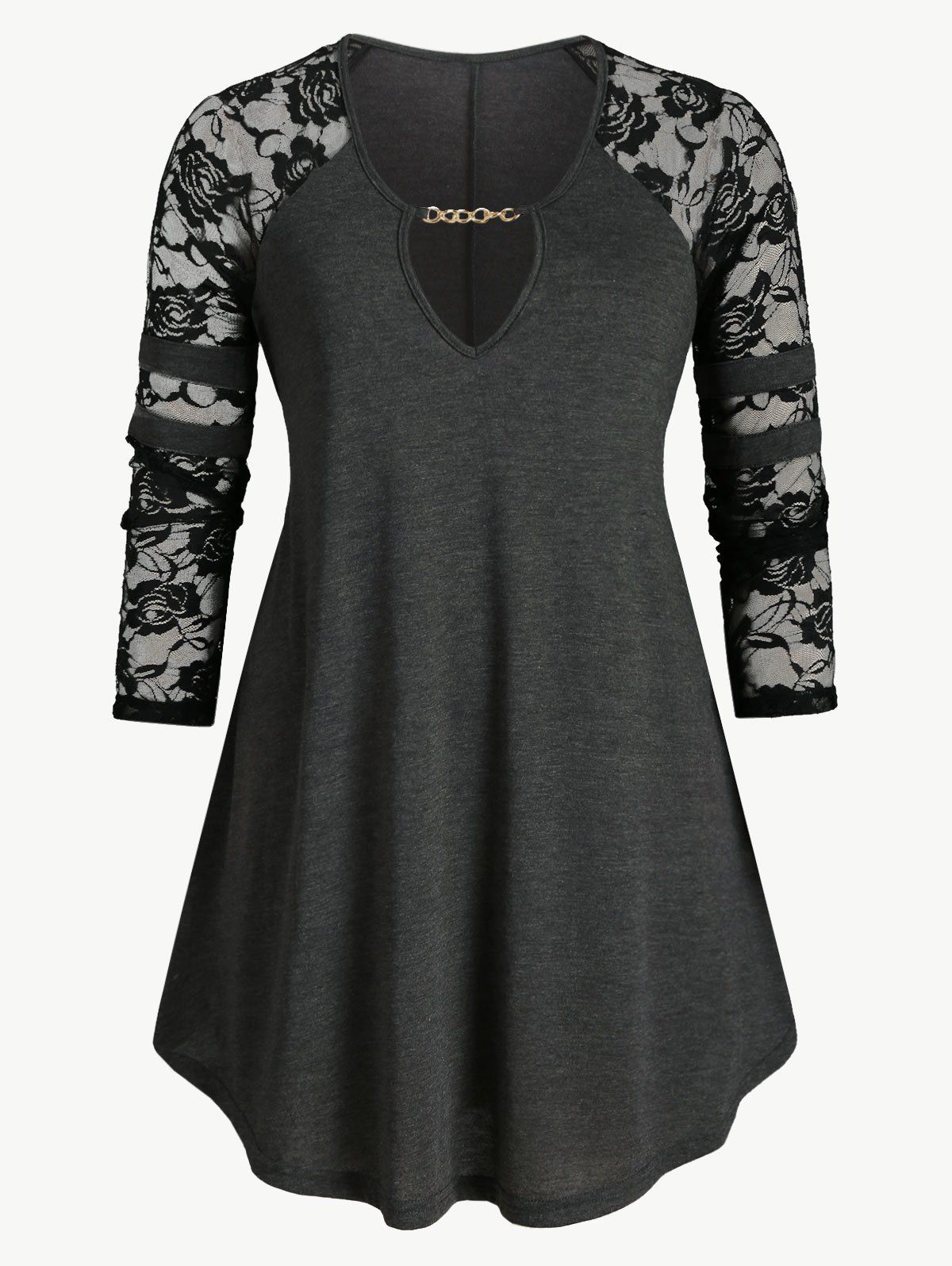 

Plus Size Lace Panel Sheer Cutout Chains Tunic Tee, Ash gray