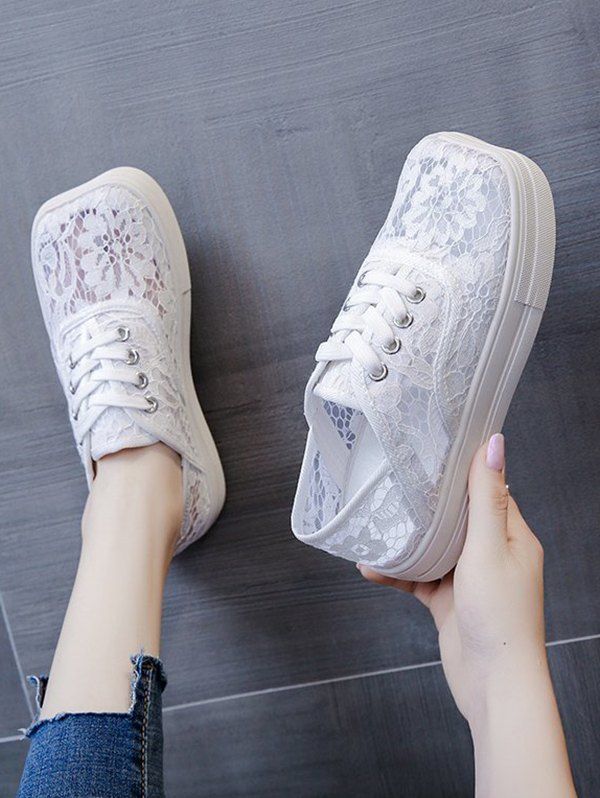 

Floral Lace Mesh Lace Up Sports Shoes, White