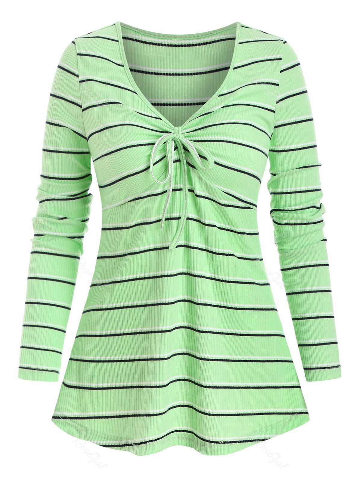 

Bowknot Detail Striped Pattern Ribbed T-shirt, Light green