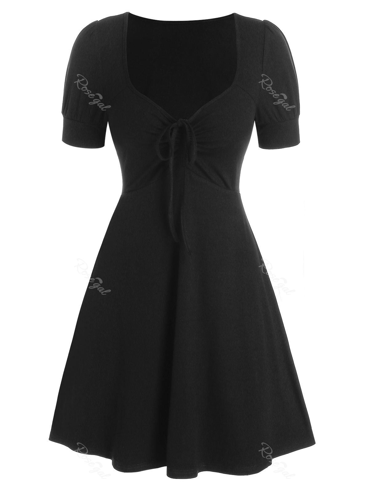 

Cinched Short Sleeve Ribbed Flare Dress, Black