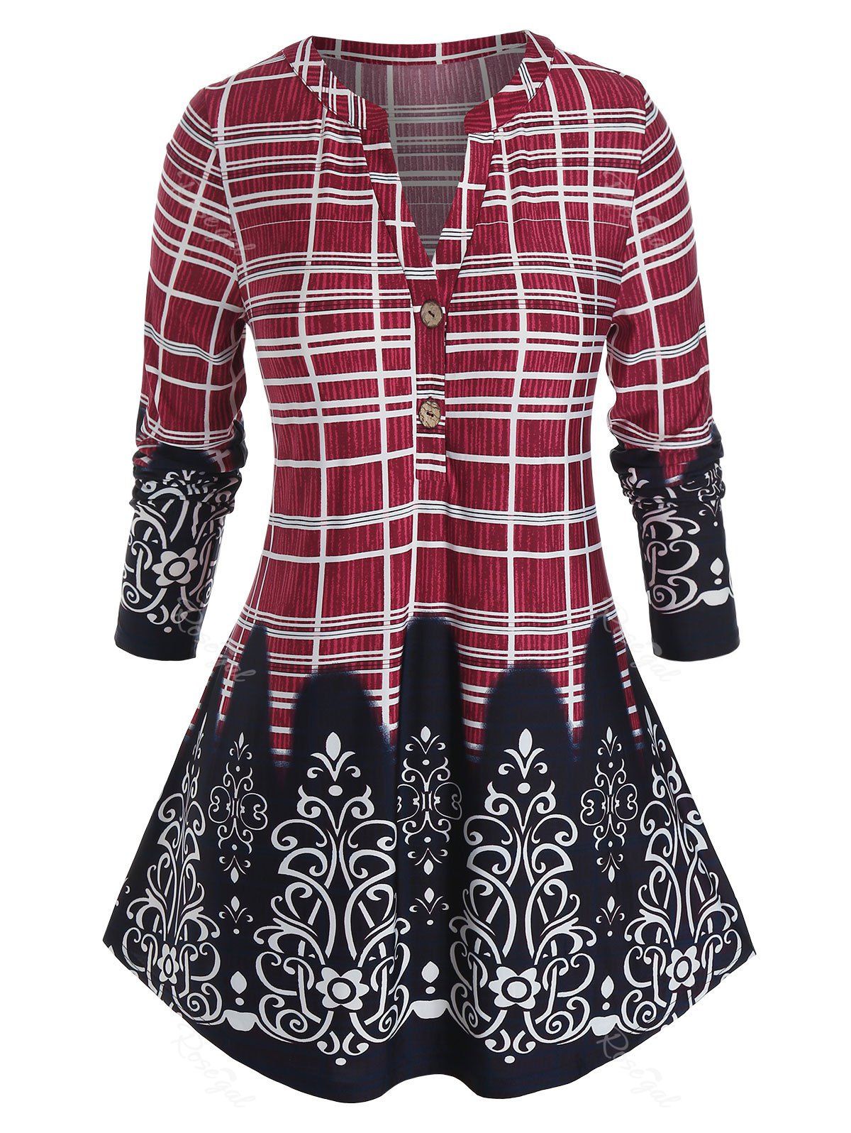 

Plus Size Plaid Print Placket V Notch Long Sleeve Tunic Tee, Red wine