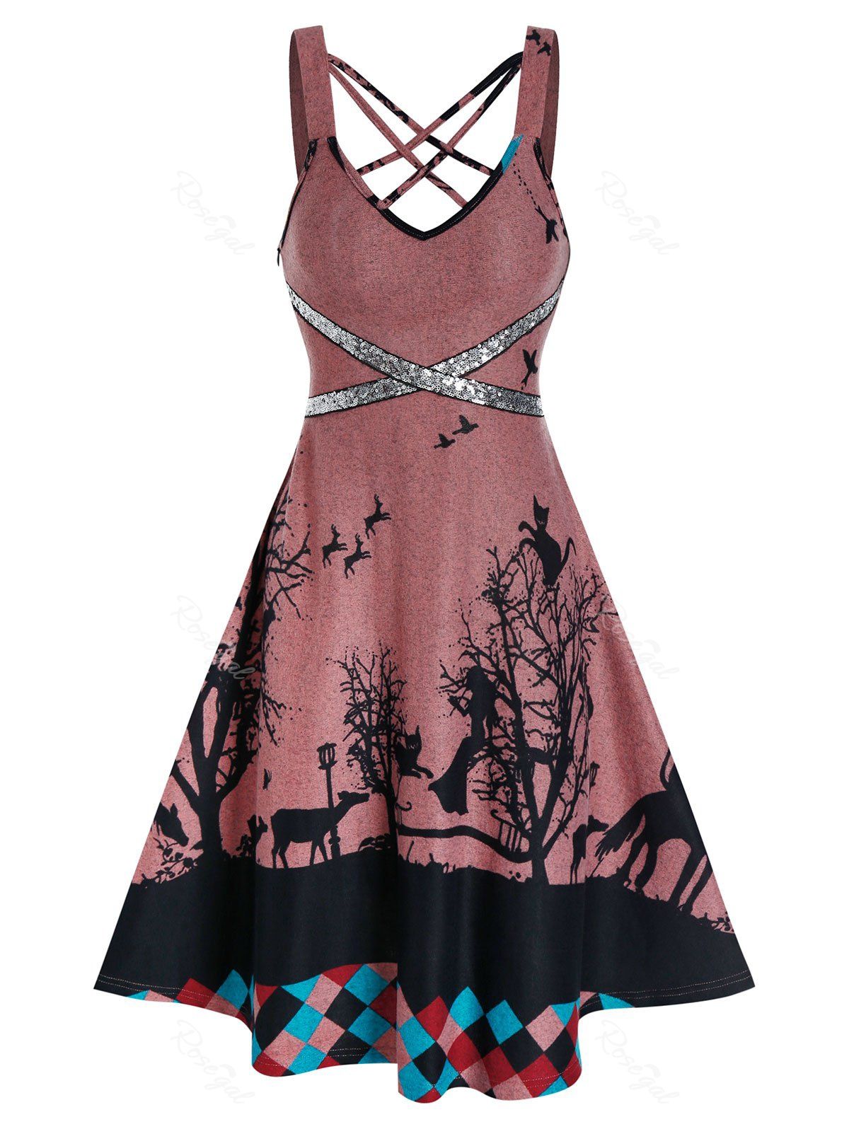 

Crisscross Sequins Tree Print Cami A Line Dress, Light pink