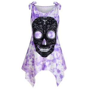 

Tie Shoulder Skull Tie Dye Halloween Plus Size Tank Top, Purple