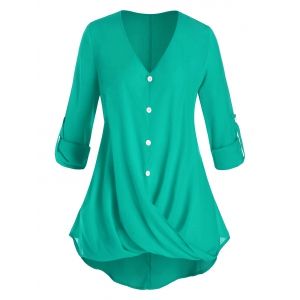 

Plus Size Crossover Button Tab Sleeve Curved Blouse, Medium turquoise