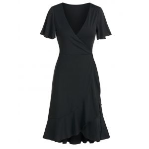 

Flounced Plunge Neck Wrap Dress, Black
