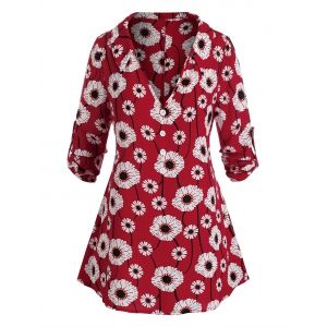 

Plus Size Flower Plunging Roll Tab Sleeve Curved Top, Red