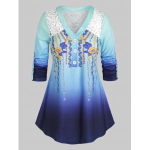 

Plus Size Ombre Lace Panel Flower Roll Tab Sleeve Curved Top, White