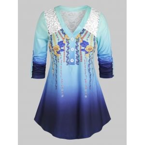 

Plus Size Ombre Lace Panel Flower Roll Tab Sleeve Curved Top, Ocean blue