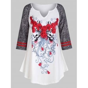 

Rose Skull Raglan Sleeve Halloween Plus Size Top, White