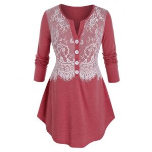 

Plus Size Lace Panel Eyelash Half Placket Curved Tee, Valentine red