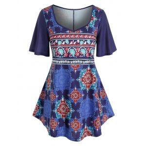 

Plus Size Bandana Print Flutter Sleeve Curved Tunic Tee, Cobalt blue