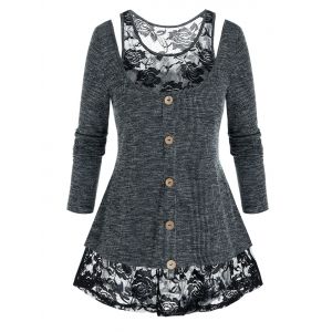 

Plus Size Marled Lace Panel Cutout See Thru Tee, Black