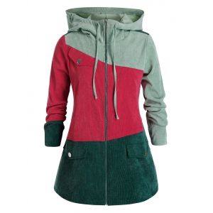 

Plus Size Color Blocking Corduroy Hooded Contrast Zip Jacket, Multi