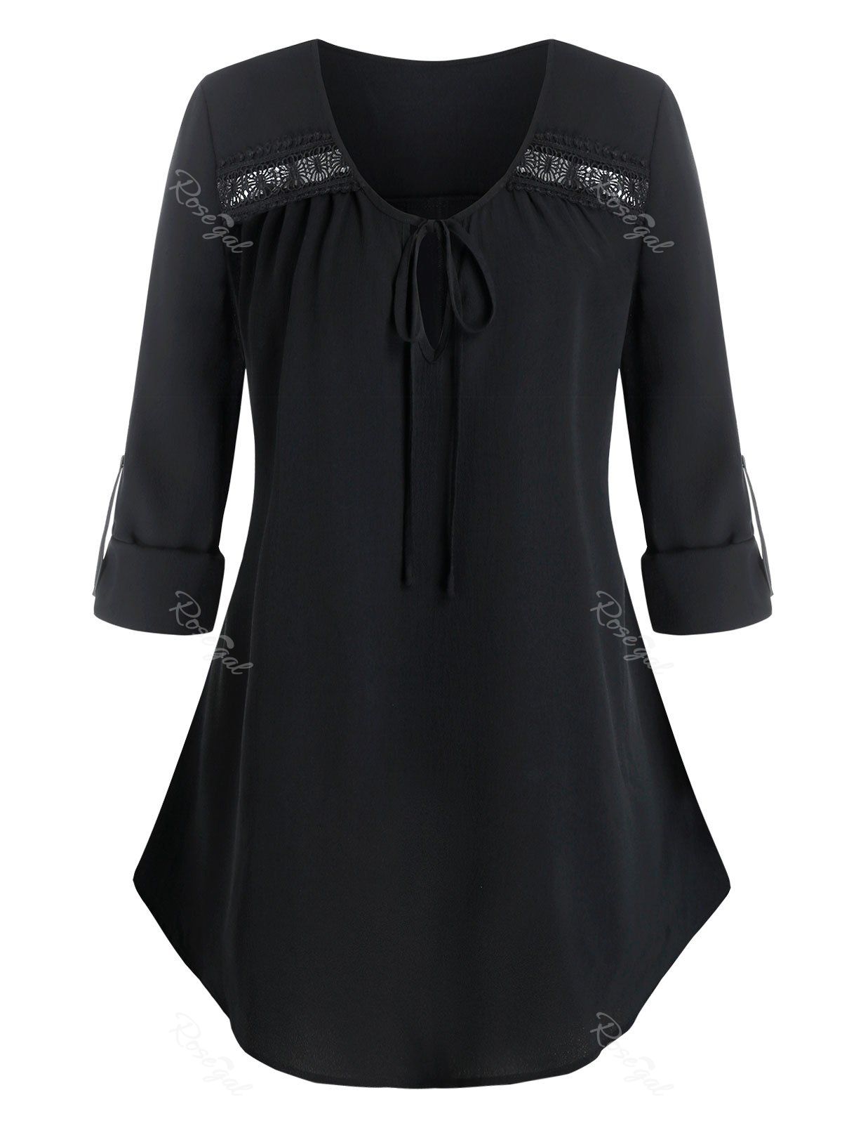 

Plus Size Applique Panel Keyhole Tie Roll Tab Sleeve Blouse, Black