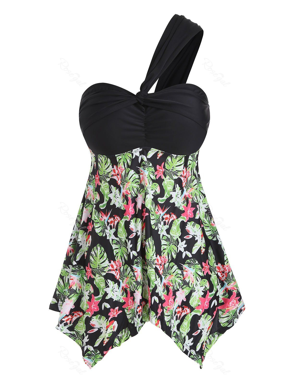 

Leaf Printed Plus Size Halter Neck Tankini Set, Black