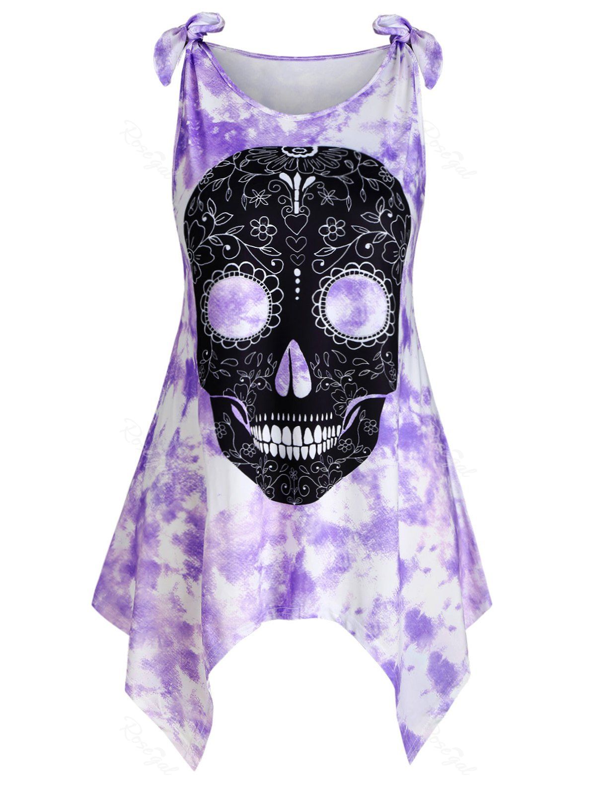 

Tie Shoulder Skull Tie Dye Halloween Plus Size Tank Top, Purple