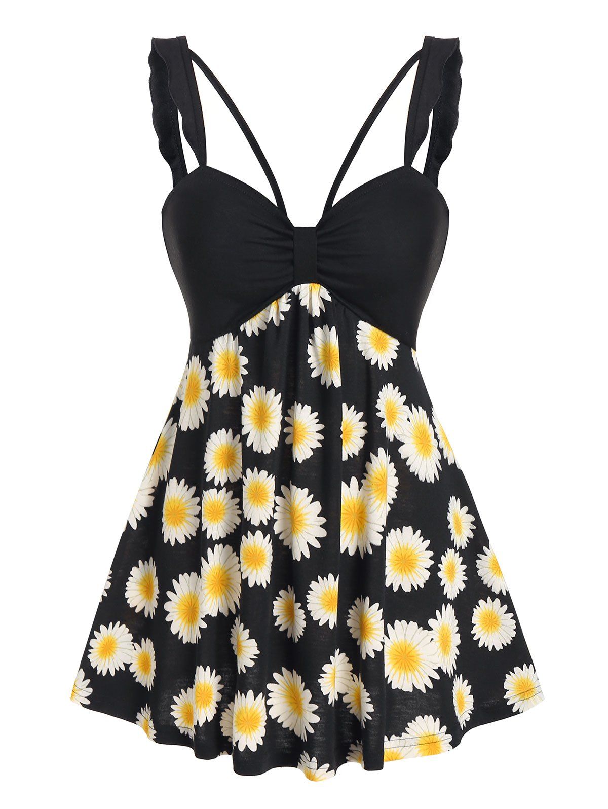 

Daisy Print Flare Tank Top, Black