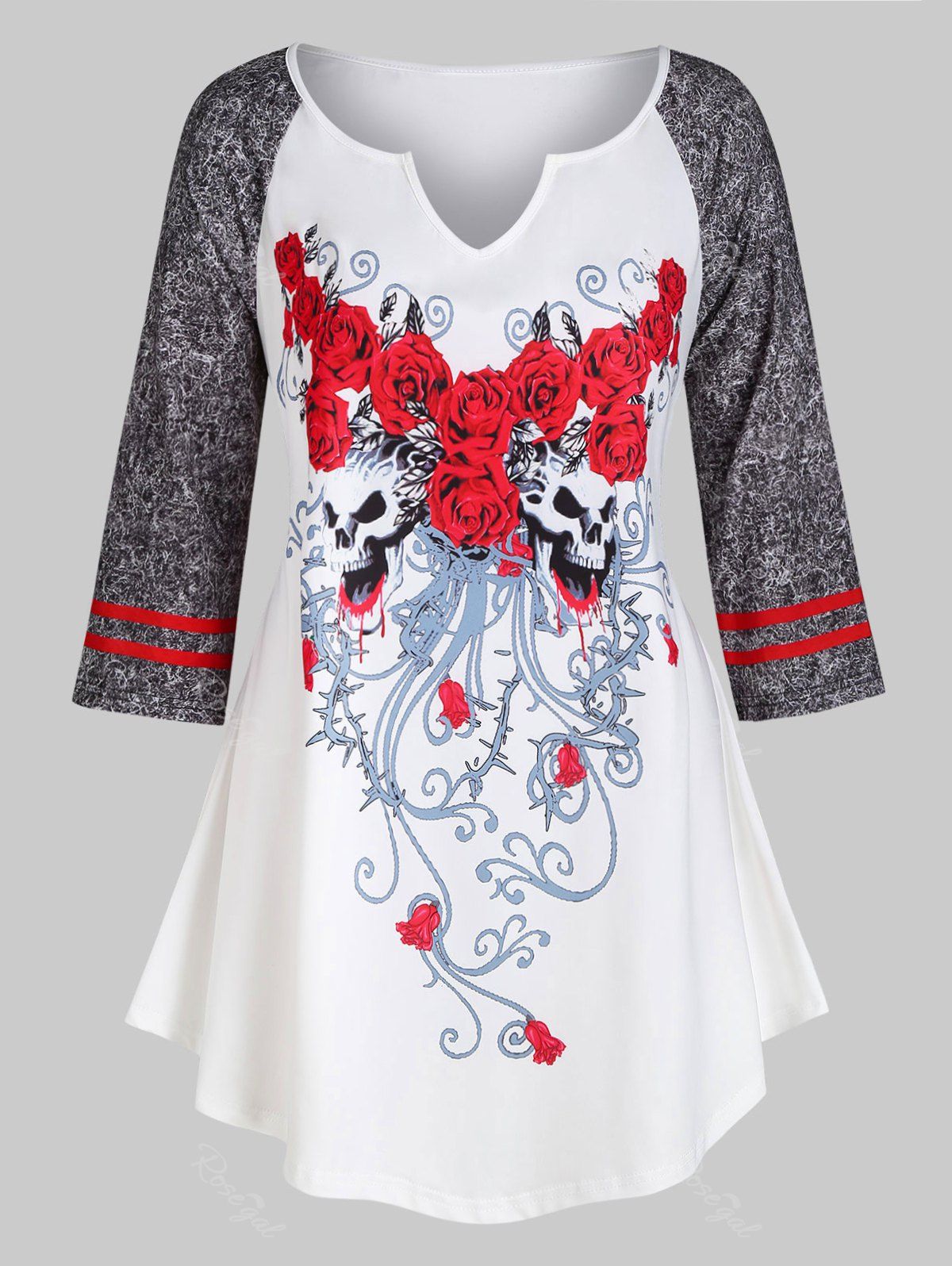 

Rose Skull Raglan Sleeve Halloween Plus Size Top, White