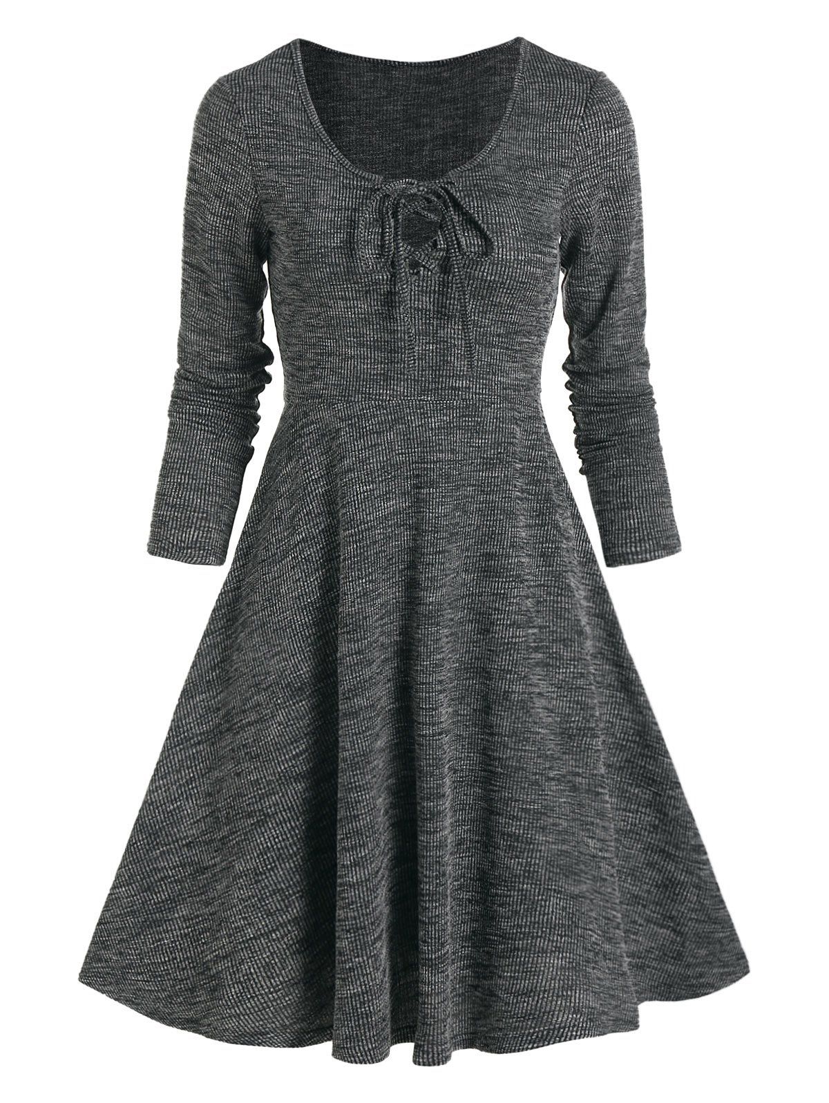 

Lace Up Knitted Long Sleeve Mini Dress, Ash gray