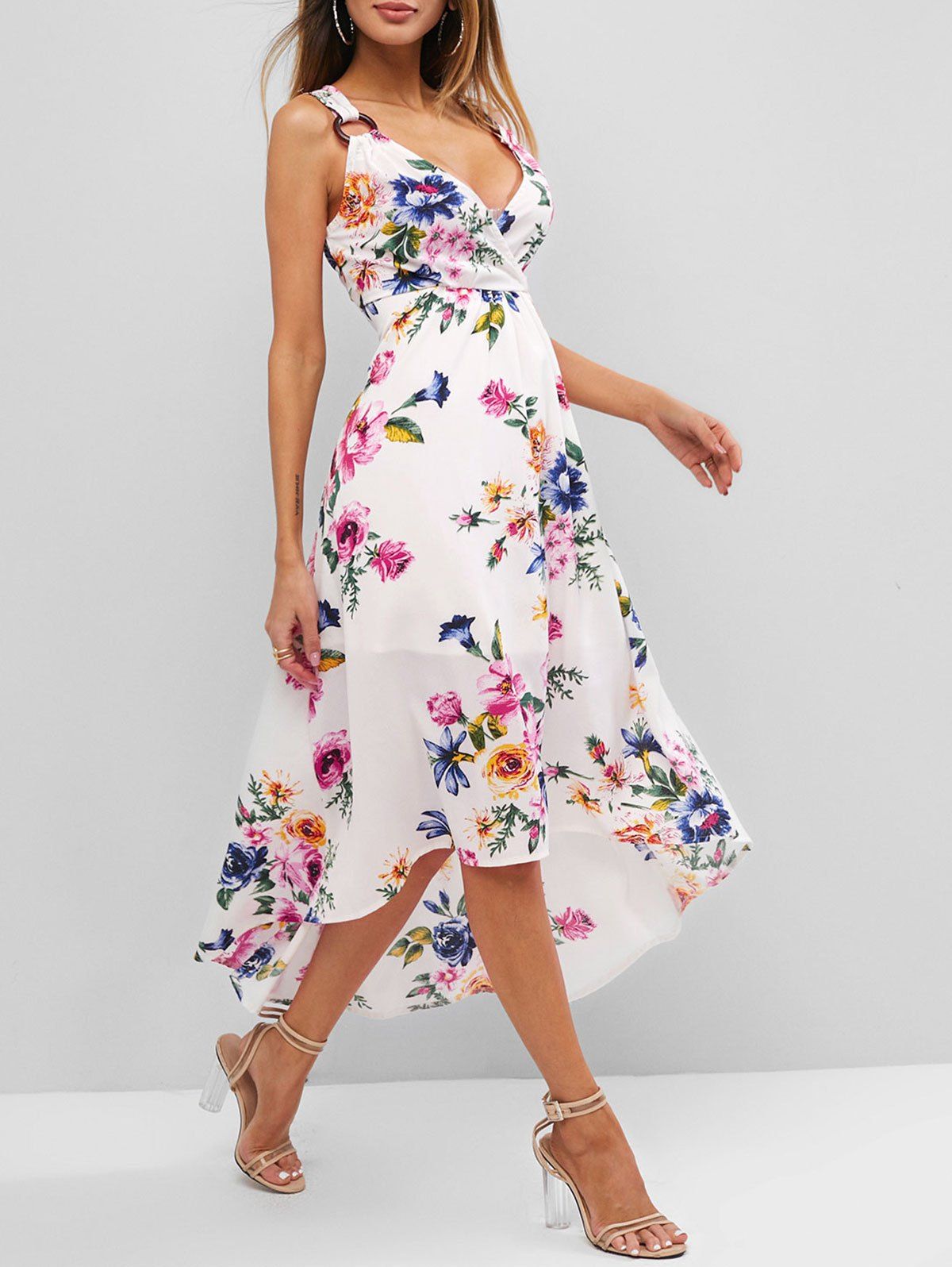 

Floral Print O Ring Dip Hem Plunging Dress, White