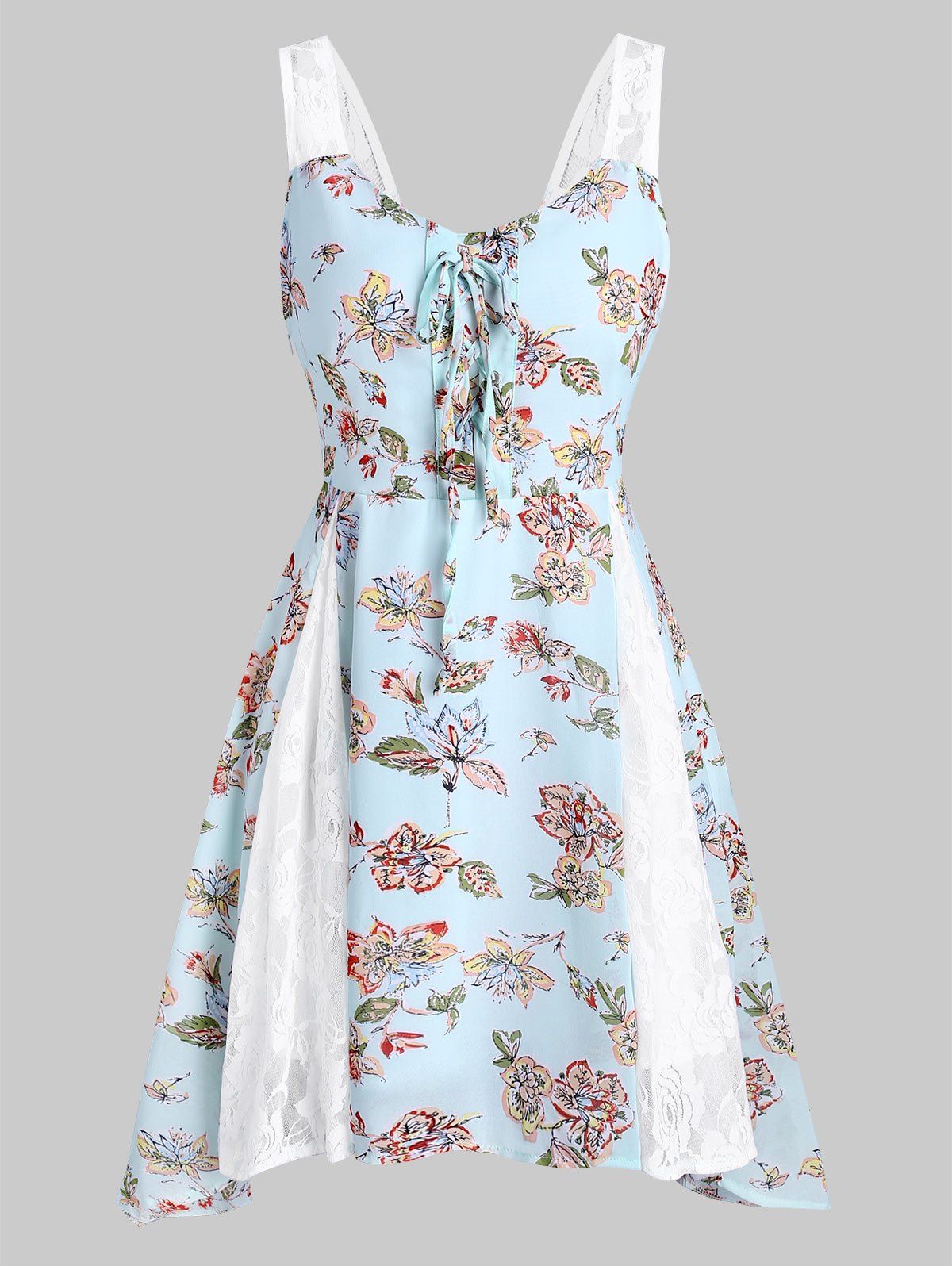 

Floral Print Lace Panel Lace-up Dress, Light green