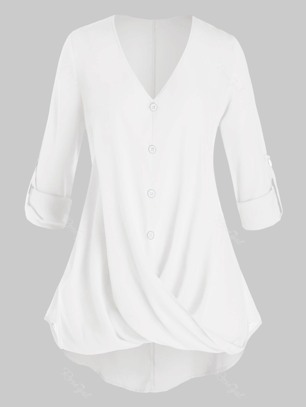 

Plus Size Crossover Button Tab Sleeve Curved Blouse, White