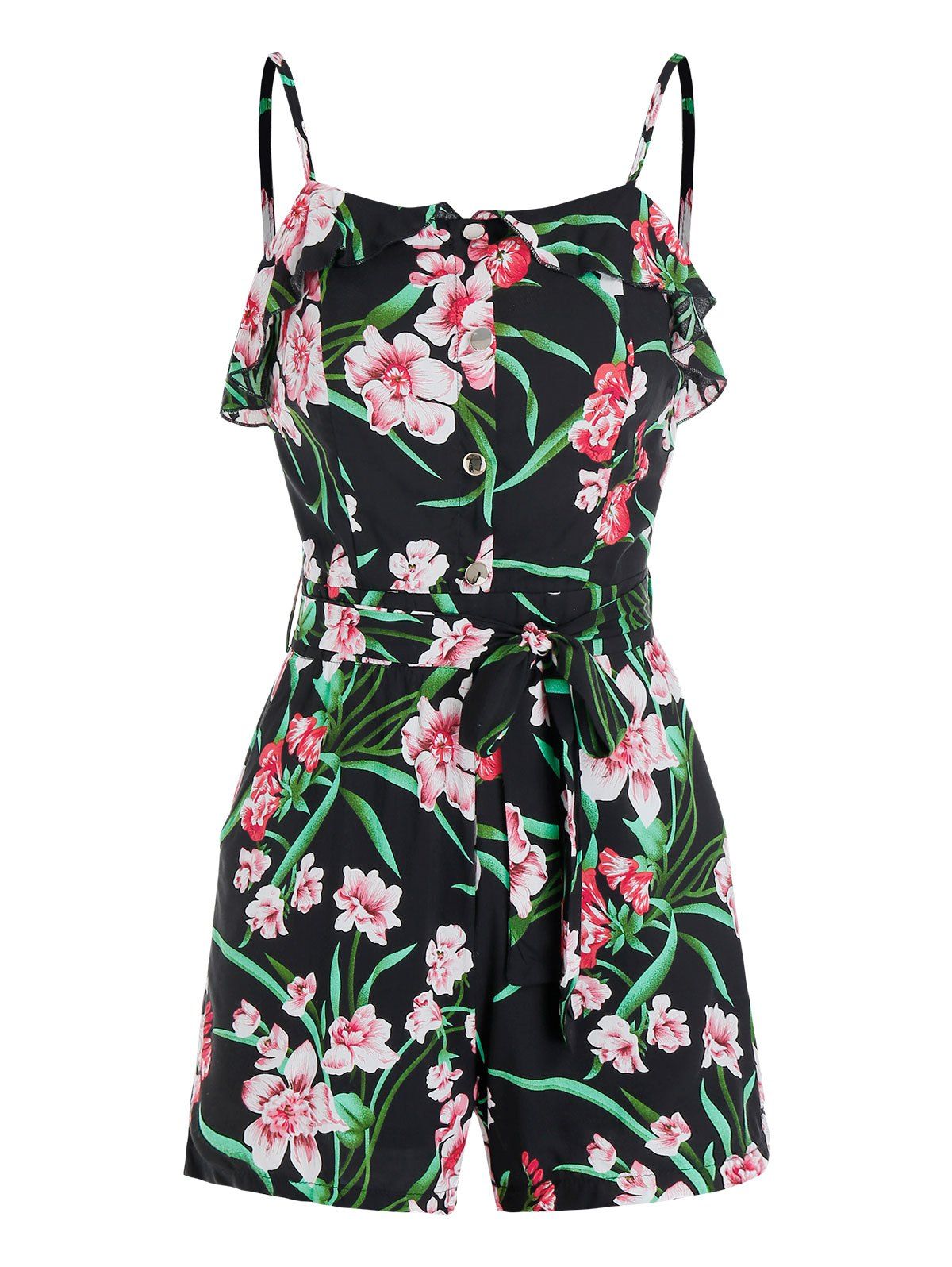 

Mock Button Floral Print Spaghetti Strap Romper, Black