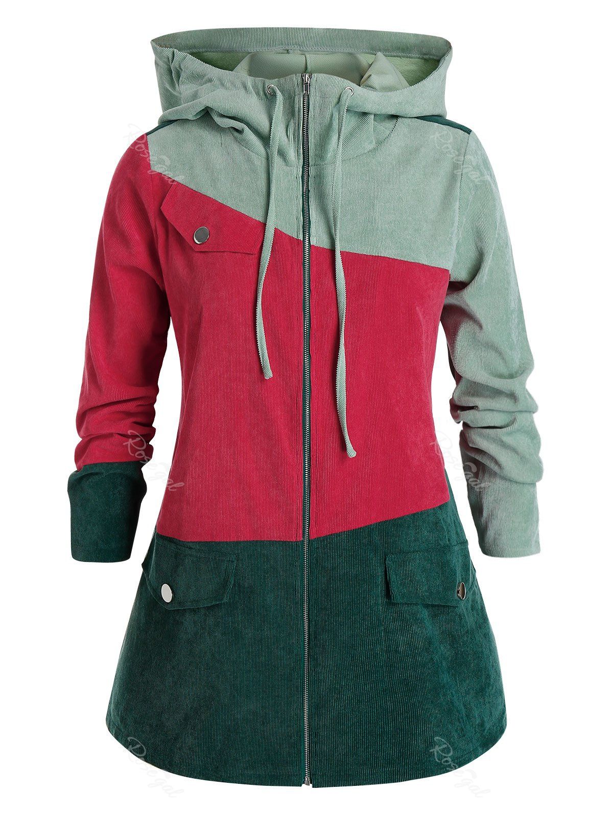 Fashion Plus Size Color Blocking Corduroy Hooded Contrast Zip Jacket  