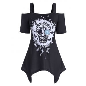 

Plus Size Handkerchief Butterfly Skull Print T Shirt, Black