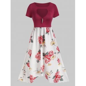 

Floral Print Cut Out Brooch Embellished Dress, Red