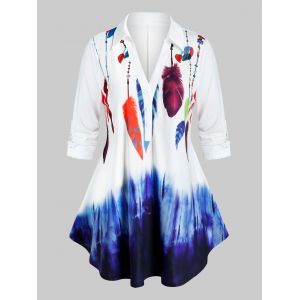 

Plus Size Feather Print Turn-down Collar Blouse, White