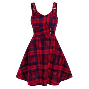 

Plaid Pattern Button O Ring Strap Dress, Red