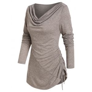 

Plain Cowl Neck Cinched Hem Long Sleeve T Shirt, Coffee