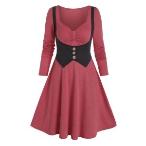 

Sweetheart Neck Mock Button Long Sleeve Mini Dress, Red wine