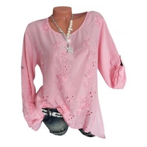 

Plus Size Flower Embroidered Roll Tab Sleeve Tunic Blouse, Light orange