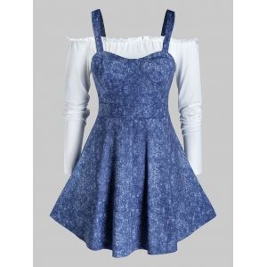 

Plus Size Frilled Off Shoulder T-shirt and Denim A Line Tank Top Set, Jeans blue