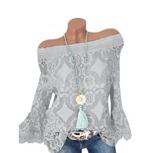 

Plus Size Lace Off Shoulder See Thru Smocked Top, Light gray