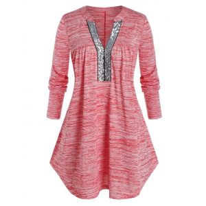 

Plus Size Space Dye Sequined V Notch Curved Tunic Tee, Valentine red