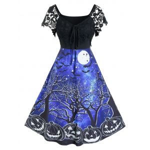

Plus Size Pumpkin Print Embroidery Retro Dress, Black