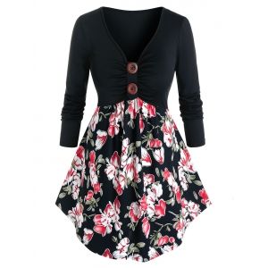 

Plus Size Flower Print Curved Long Sleeve Tunic Tee, Black