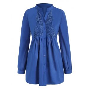 

Plus Size Butterfly Lace Panel Button Up Shirt, Blue