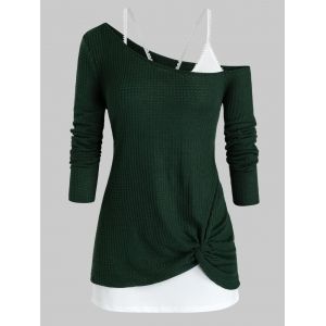 

Plus Size Twist Skew Neck Knitwear and Tank Top Set, Deep green