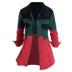 

Plus Size Corduroy Color-blocking Pocket Zipper Jacket, Multi