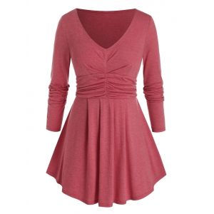 

Plus Size Ruched Curved Hem Long Sleeve Tunic Tee, Valentine red