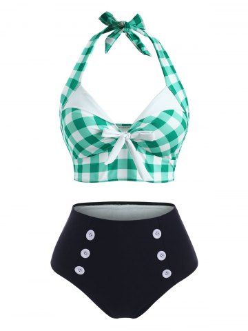 Gingham Bowknot Button Embellished Halter Tankini Swimwear