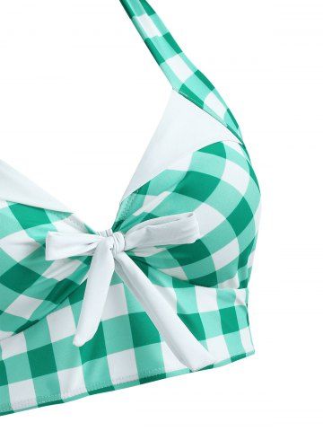 Gingham Bowknot Button Embellished Halter Tankini Swimwear