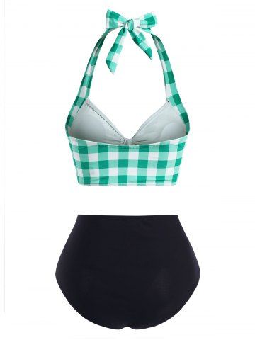 Gingham Bowknot Button Embellished Halter Tankini Swimwear